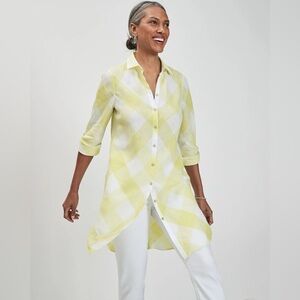 Chico's 3 White Yellow Gingham Maxi Shirt 100% Linen Button Roll Tab US 16